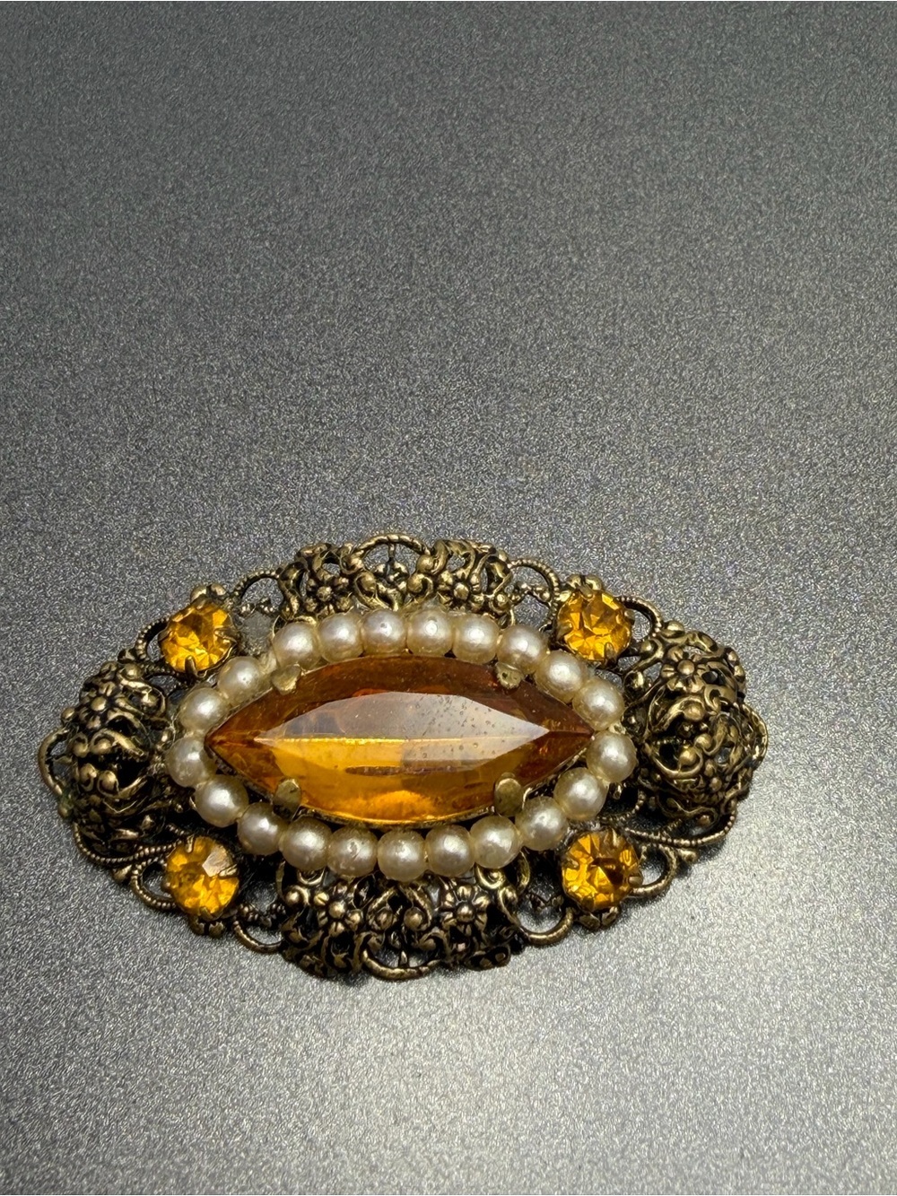 Vintage Gold Filigree Brooch with Amber Crystal and Pearls #cz146